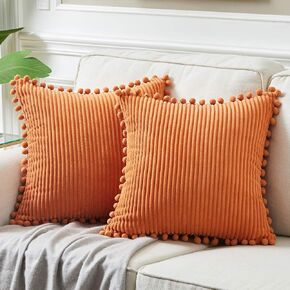 Fancy Homi Pack of 2 Boho Decorative Throw Pillow Covers with Pom-poms, Soft Corduroy Accent Solid Square Cushion Case Set for Couch Sofa Bedroom Car Living Room (18x18 Inch/45x45 cm, Cream)