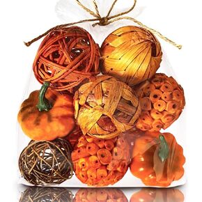 Qingbei Rina Fall Decorative Balls for Bowls,Assorted Wicker Rattan Balls with Pumpkins,Decorative Orbs Woven Spheres,Autumn Bowl Fillers for Home Decor,Thanksgiving(Orange)