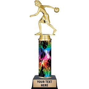 Personalized Rainbow Inferno Bowling Trophy, 11" Female Bowler Trophy Award, Customize Now Prime