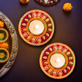 Handcrafted T Light Holder Lucky Charm Tealight Candle Stand T-Light Holder Decorative Lighting for Festival Décor Decoration and Gifting (Muticolor Embroidered Circle Size-4")