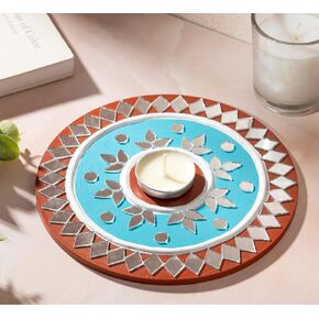 حامل شموع الشاي الخفيف من IndoTribe - 6 بوصة، حامل شموع Lippan Tealight باللون الأحمر والأزرق | حامل إضاءة على شكل حرف T لديكورات ديوالي للمنزل، غانيش بوجا، ديكورات الزفاف الهندية in Kuwait