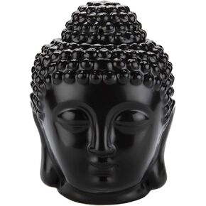 T4U Ceramic Buddha Head Essential Oil Burner with Candle Spoon Black, Aromatherapy Wax Melt Burners Oil Diffuser Tealight Candle Holders Buddha Ornament for Yoga Spa Home Bedroom Decor