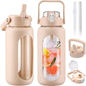 BLUEGO 64oz Glass Water Bottles with 2 Lids Flip Lid and Spout Lid Half Gallon Water Bottle with Straw 2L Large Water Bottle with Time and Capacity Markers for Gym Home Office Leak-proof, Amber