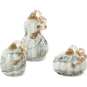 Glitzhome Set of 3 Hand Blown Glitter Glass Pumpkin Table Accent Home Decor for Fall & Harvest Thanksgiving Decorating, Gray Marble