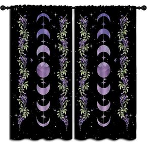 Purple Boho Floral Wildflower Rod Pocket Blackout Curtains for Teen Bedroom,Moon Phase Moonlit Garden Witchy Gothic Aesthetic Light Filtering Window Drapes for Living Room Home Decor Privacy,42x63in