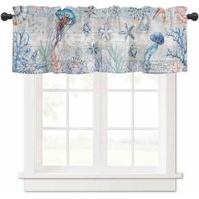 Coastal Sea Turtle Tie Up Valance Curtains for Windows, Nautical Summer Beach Kitchen Curtains Window Treatments, Sea Starfish Coral Vintage Short Shades Valances for Bedroom Bathroom 54"x18"