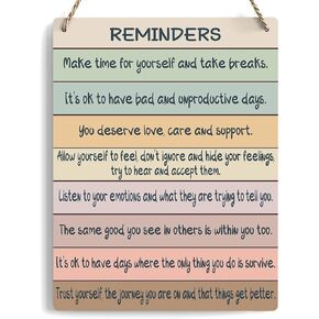 Mental Health Reminders Wall Decor, Positive Affirmation Wall Art Sign For Counseling Office Classroom, Motivational Wall Decor, Inspirational Wall Hanging Sign, Set Of 1 Wooden Sign With Rope - J20