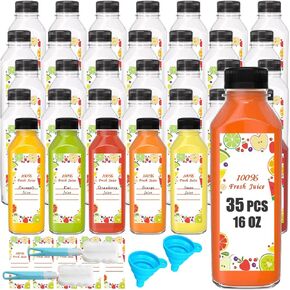 16oz Empty Plastic Bottles with Caps, 35 pcs 500 ml Reusable Bulk Sell of Juice Bottles,Take Out Beverage Containers for Juice, Milk and Other Beverages.