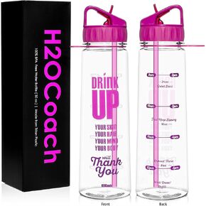 H2OCOACH Motivational Fitness Workout Sports Water Bottle with Time Marker | Measurements | Drink More Water Daily | Clear BPA-Free Tritan | Large 30 Ounce (Pink)