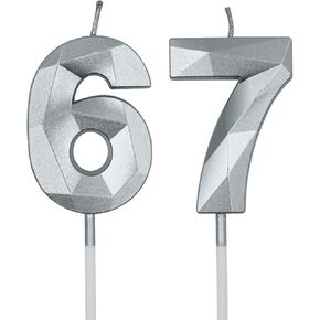 67th & 76th Birthday Candles for Cake, Silver Number 67 76 3D Diamond Shaped Candle Birthday Decorations Party Supplies for Women or Men