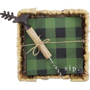 Mud Pie Lodge Cocktail Napkin Utensil Set, Green