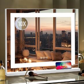 Hansong Vanity Mirror with Lights 23" x 18" Lighted Makeup Mirror with USB Charging Port Hollywood Vanity Mirror with Lights Strip & Smart Touch 3 Colors Dimmable Memory Function 10 Magnifying Glass