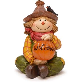 Mark Feldstein & Associates Fall Scarecrow with Pre-Lit LED Welcome Pumpkin Tabletop Figurine, 10 Inch
