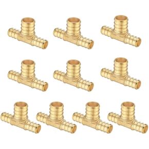 (10 Pack) Lidertik Pex Fittings Reducing Tee Brass Crimp Pipe, 1/2" PEX F1807 to 1/2" PEX F1807 to 3/4" PEX F1807 Brass
