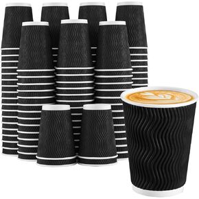 Lamosi Coffee Cups 12 oz-50 Pack, Black Disposable Cups, Corrugated Fall Paper Cups 12oz, Ripple Wall Insulated Water Cups Without Lids for Cold/Hot Beverage (Black, 50 Pack, 12OZ)