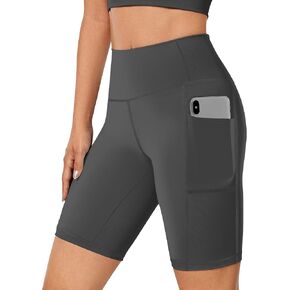 Buauty Womens Biker Shorts with Pockets 8" Inch High Waisted Compression Workout Stretchy Shorts for Summer Yoga Tummy Control Gym Running Athletic Soft Leggings Knee Length Bike Short Grey