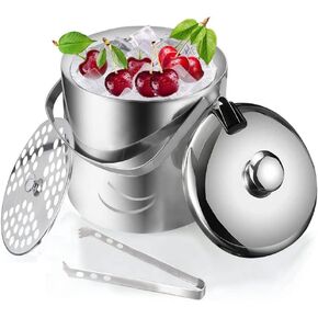 دلو ثلج - دلو ثلج بجدار مزدوج سعة 1.3 لتر مع غطاء، دلو ثلج من الفولاذ المقاوم للصدأ معزول بملقط ومصفاة، مبرد صغير لحفلات المنزل المبردة في بار الويسكي، يحافظ على التبريد لمدة 8 ساعات in Kuwait