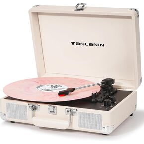 Vinyl Record Player - 3 Speed Turntable Portable Suitcase Record Player with Bluetooth, Treble & Bass Control, Built-in Speakers, Headphone Jack, RCA Out Aux in,White