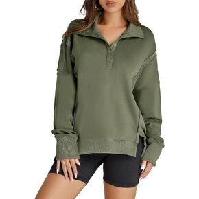 Glamaker Women's Oversized Sweatshirt Casual Long Sleeve Button V Neck Pullover Loose Tops Outfits Fall Fashion