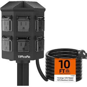 Outdoor Power Strip with Stake Waterproof, 10 FT Extension Cord, 6 Grounded Outlets for Outdoor Lights, 14 AWG, 15A/1875W, ETL Listed