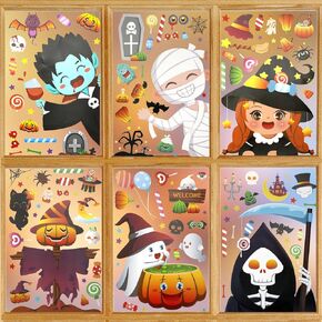 6 Sheets Halloween Window Clings, 6 Styles Cute Static Halloween Window Stickers Kids Halloween Window Decals for Halloween Window Decorations Indoor Decor