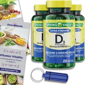 Spring Valley Vitamin D3 Softgels, 125 mcg per Softgel, 5,000 IU, 250 Ct Choice Bundle + “Vitamin Vitality" Guide & Keychain Pill Container (3 Items)!