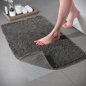 TECHMILLY Bathroom Rugs with Non Slip Pad, Non-Slip Absorbent Machine Washable Soft Plush Chenille Bath Mats for Bathroom (Grey, 32" x 20")