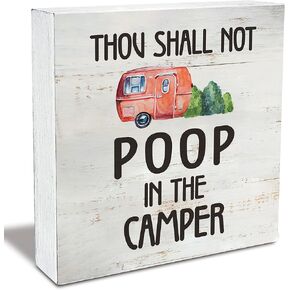 Thou Shall Not Poop in the Camper Camping Quote Wood Box Sign Travel Trailer Wooden Box Sign Farmhouse RV Camper Camping Desk Shelf Decor (5 X 5 Inch)