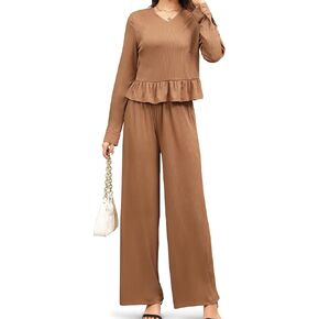 Pants Sets Women 2 Piece Outfits Long Sleeve V Neck Tops Matching Sets for Women Wide Leg Womens Sets 2 Piece Outfits