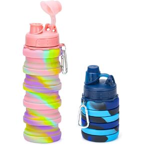 Collapsible Water Bottles, 2 Pack 16oz Silicone Travel Water Bottle Leakproof BPA Free Foldable Sport Water Bottles with Leak proof Twist Cap for Camping,Hiking Outdoor Indoor Sport