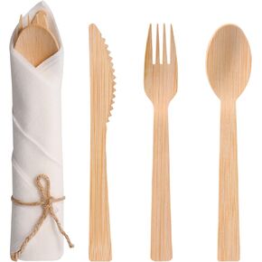 Pre Rolled Napkin and Bamboo Cutlery Set - 50Pack Bamboo Utensils/Compostable Cutlery(50 Forks, 50 Knives, 50 Spoons, 50 Napkins), Biodegradable Wrapped Cutlery for Party, Banquet, Wedding