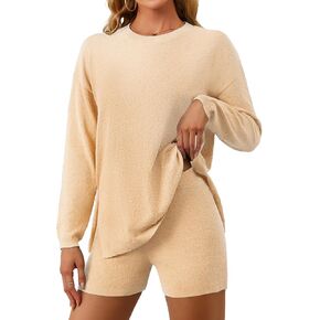 Womens 2 Piece Sets Fall Outfits 2024 Long Sleeve Lounge Set Knit Top Matching Shorts Beach Travel Vacation Cruise Clothes