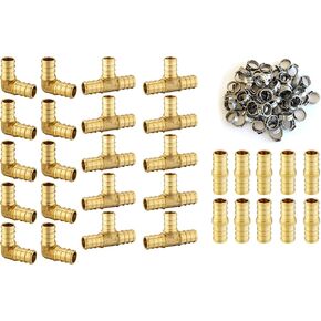 (Pack of 100) EFIELD 1/2" Pex Brass Fittings: 70 Pieces Pex Stainless Steel Clamps, Tee, Elbow and Coupling 10 Pieces each