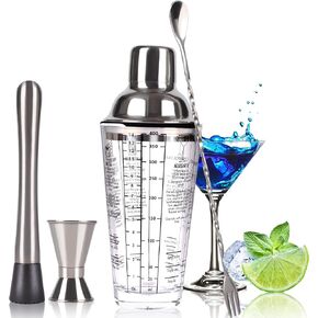 Cocktail Shaker Set, 14 oz Glass Mixing Cup with Measurements, Stainless Steel Martini Mixer, Muddler, Jigger, Spoon, 4 Piece Bar Tool Kit in Saudi Arabia