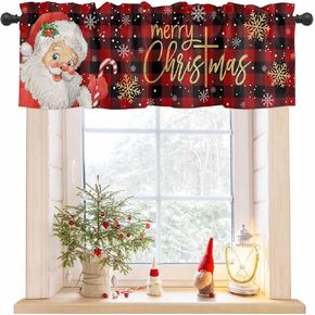 Christmas Valance for Windows Santa Claus Curtains Valances Rod Pocket Valance Window Treatments Red Buffalo Plaid Short Curtains for Kitchen Living Room Bedroom Bathroom Xmas Holiday 1 Panel 54x18