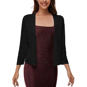 Satuun Women's 3/4 Sleeve Shrugs Crochet Lightweight Open Front Cropped Cardigan for Women