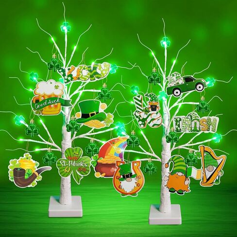 agusbagli 2 حزمة 24in عيد القديس باتريك الزينة 24led شجرة سانت باتريك مضاءة مع شامروك والتماثيل الحلي بطارية تعمل تضيء شجرة الجدول مع الموقت لحفلة المنزل سانت باتريك in Kuwait