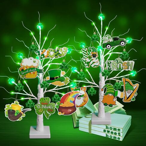 agusbagli 2 حزمة 24in عيد القديس باتريك الزينة 24led شجرة سانت باتريك مضاءة مع شامروك والتماثيل الحلي بطارية تعمل تضيء شجرة الجدول مع الموقت لحفلة المنزل سانت باتريك in Kuwait