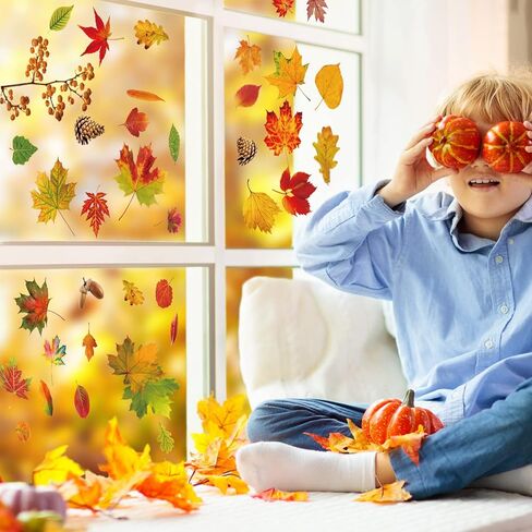نافذة الخريف تتشبث ملصقات نافذة عيد الشكر على الوجهين الخريف الشارات مابل ليف الصنوبر الجوز أوراق البندق لزجاج النافذة الباب DIY الديكور in Kuwait