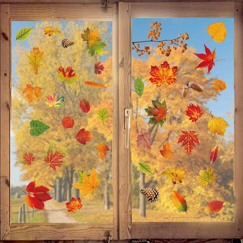 نافذة الخريف تتشبث ملصقات نافذة عيد الشكر على الوجهين الخريف الشارات مابل ليف الصنوبر الجوز أوراق البندق لزجاج النافذة الباب DIY الديكور in Kuwait