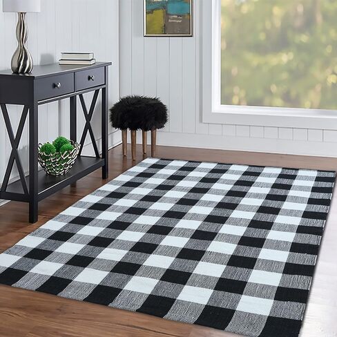 Woven Buffalo Checkered Plaid Rug - Carpets for Living Room, Bedroom, Dining Room, Home Décor - Luxurious Handcrafted Rug - PET-Yarn - Modern Rugs- 4’ x 6’- Black & White in Saudi Arabia
