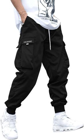 OYOANGLE Men's Casual Drawstring Elastic Waist Flap Pocket Letter Graphic Street Jogger Cargo Pants Apricot Large in Saudi Arabia