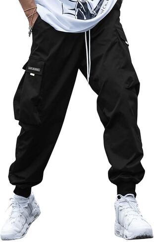 OYOANGLE Men's Casual Drawstring Elastic Waist Flap Pocket Letter Graphic Street Jogger Cargo Pants Apricot Large in Saudi Arabia