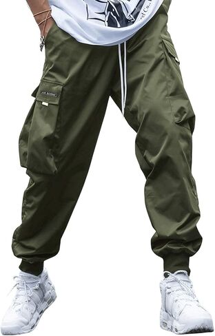 OYOANGLE Men's Casual Drawstring Elastic Waist Flap Pocket Letter Graphic Street Jogger Cargo Pants Apricot Large in Kuwait
