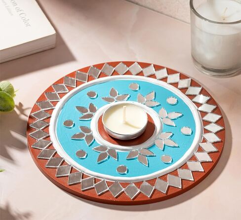 حامل شموع الشاي الخفيف من IndoTribe - 6 بوصة، حامل شموع Lippan Tealight باللون الأحمر والأزرق | حامل إضاءة على شكل حرف T لديكورات ديوالي للمنزل، غانيش بوجا، ديكورات الزفاف الهندية in Kuwait