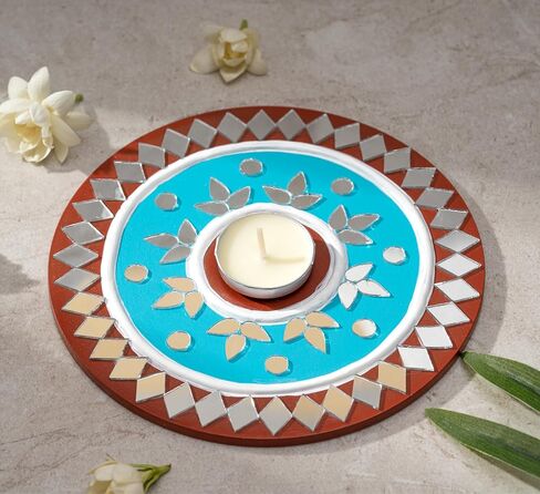 حامل شموع الشاي الخفيف من IndoTribe - 6 بوصة، حامل شموع Lippan Tealight باللون الأحمر والأزرق | حامل إضاءة على شكل حرف T لديكورات ديوالي للمنزل، غانيش بوجا، ديكورات الزفاف الهندية in Kuwait