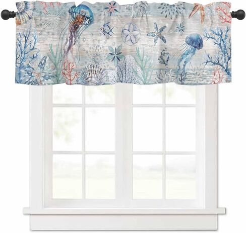 Coastal Sea Turtle Tie Up Valance Curtains for Windows, Nautical Summer Beach Kitchen Curtains Window Treatments, Sea Starfish Coral Vintage Short Shades Valances for Bedroom Bathroom 54"x18" in Saudi Arabia