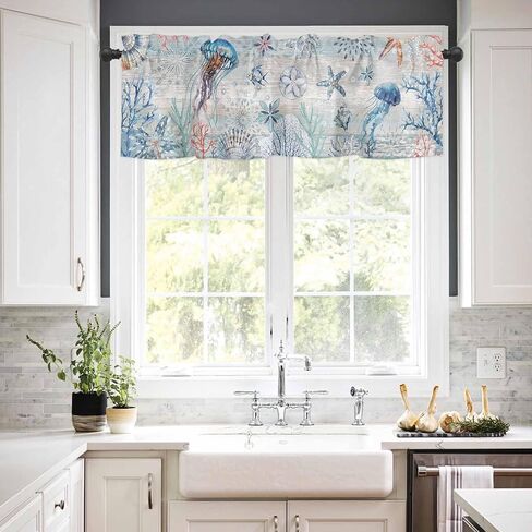 Coastal Sea Turtle Tie Up Valance Curtains for Windows, Nautical Summer Beach Kitchen Curtains Window Treatments, Sea Starfish Coral Vintage Short Shades Valances for Bedroom Bathroom 54"x18" in Saudi Arabia