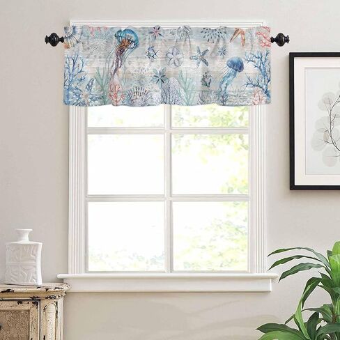Coastal Sea Turtle Tie Up Valance Curtains for Windows, Nautical Summer Beach Kitchen Curtains Window Treatments, Sea Starfish Coral Vintage Short Shades Valances for Bedroom Bathroom 54"x18" in Saudi Arabia