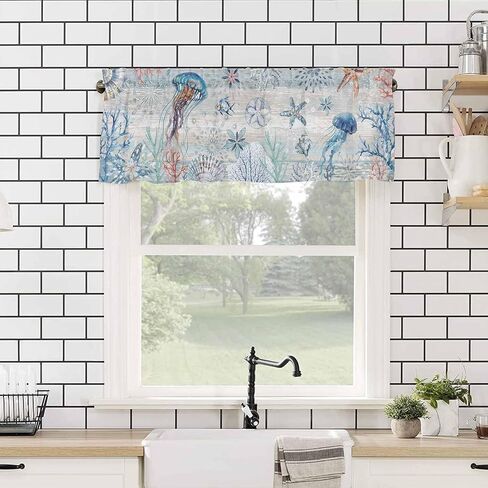 Coastal Sea Turtle Tie Up Valance Curtains for Windows, Nautical Summer Beach Kitchen Curtains Window Treatments, Sea Starfish Coral Vintage Short Shades Valances for Bedroom Bathroom 54"x18" in Saudi Arabia
